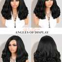 Quantum Love Yaki Curly Wigs Layered Side Part Short Body Wave Wigs for Women Glueless Lace Part Synthetic Bob Wavy Hair (Natural Black, 16inch)