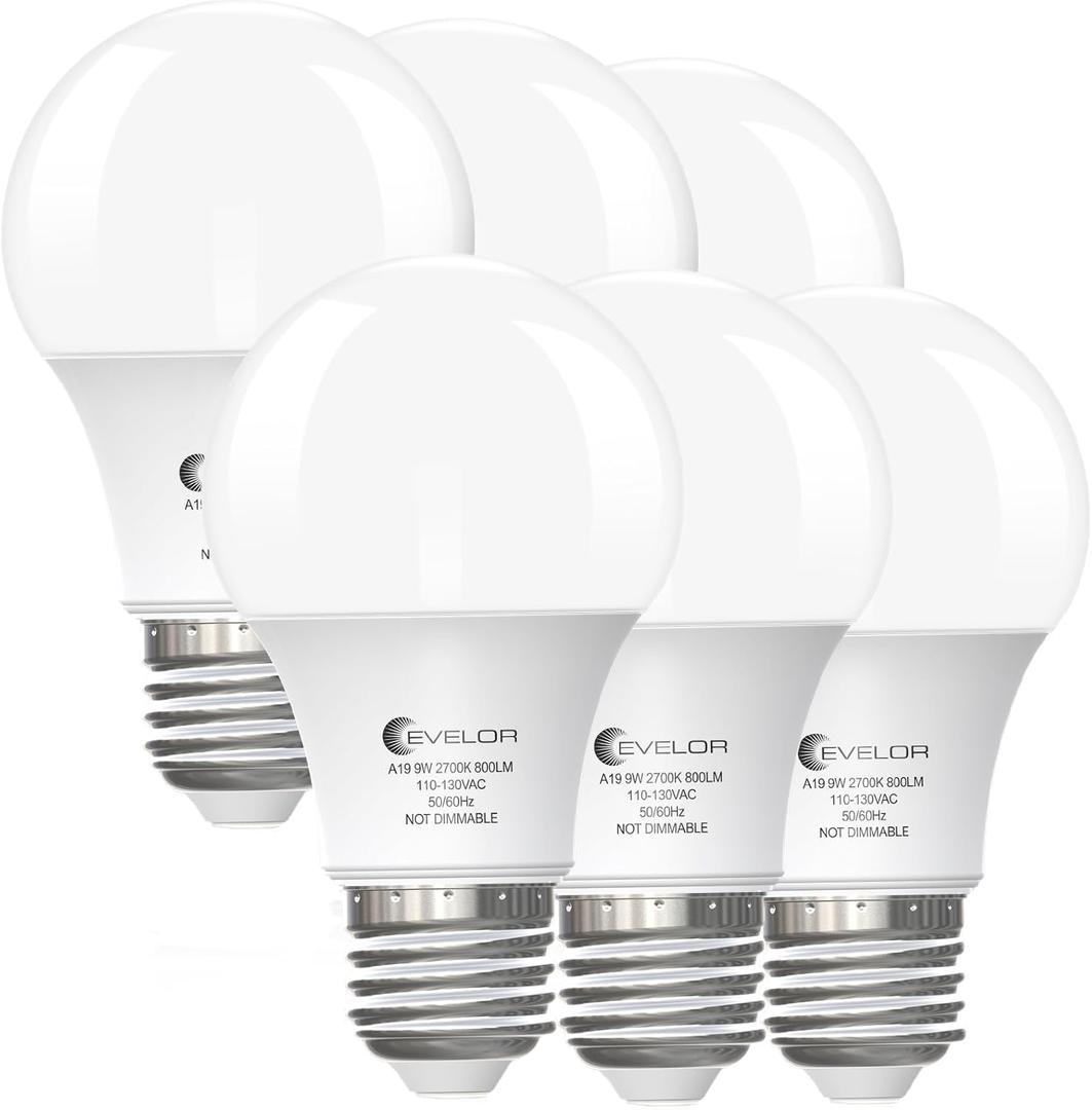 3 x evelor 6-Pack A19 LED Light Bulbs,60 Watt Equivalent Soft White 2700K with E26 Base,Efficient 9W,800 Lumens Non-Dimmable Warm White LED Bulbs,15000 Hours, Ideal for Bedroom Living Room