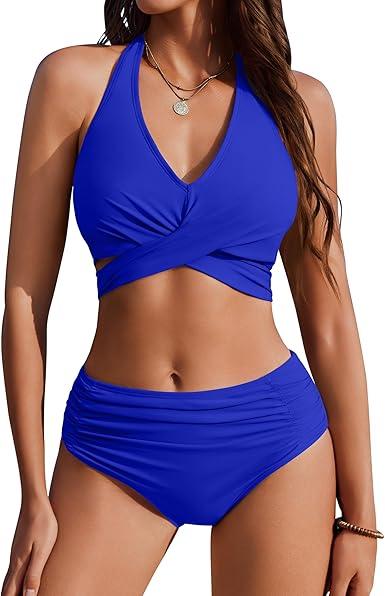 AI'MAGE Womens High Waisted Bikini Sets Tummy Control Bathing Suits Halter Two Piece Swimsuit Modest Bikini 2025 S