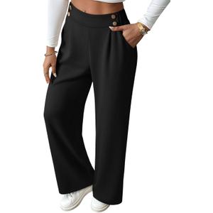 EVALESS Womens Wide Leg Work Pants Straight Elastic High Waisted Double Button Trousers Business Casual Pants with Pockets (Small, Black)
