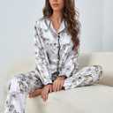 WDIRARA Women's Satin 2 Piece Pajama Sets Long Sleeve Pants Button Down Sleepwear (S)