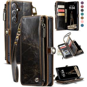 Defencase Compatible with Galaxy A25 5G Case Wallet with RFID Blocking Card Holder for Women Men, PU Leather Magnetic Snap Flip Zipper Strap Wallet Phone Case Fit for Samsung Galaxy A25 5G, Coffee