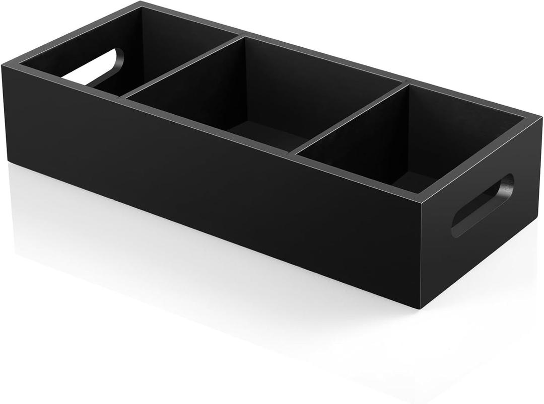 14 Inch Bathroom Basket with Removable Dividers - 3 Comparments Wood Toilet Paper Basket with Handle for Back of Toilet Tank Topper - Black Storage Organizer for Bathroom Kitchen Pantry Organization