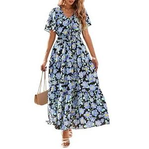 KIRUNDO Spring Summer Wedding Guest Dresses for Women 2026 Boho Floral Short Sleeve V Neck Ruffle Tiered Flowy Maxi Dress (Blue, Medium)