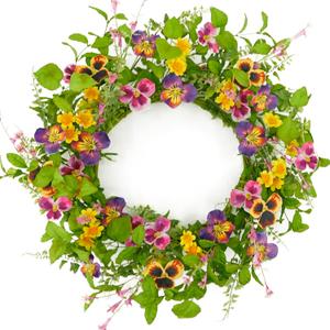 Artificial 20" Spring Summer Wreath with Pansy Flower,Yellow Daisy,Rose Leaf,Eucalyptus Leaf,Fern Branch for Front Door Indoor Outdoor Farmhouse Wall Window Festival Wedding Decor,Gift Box Included