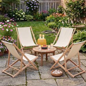 AceOrbit 4 Pcs Folding Sling Beach Chair, Adjustable,Cream White | Solid Wood; Breathable Oxford Fabric; Portable; Patio, Backyard & Camping, 17.87 x 35.51 x 32.91 inches