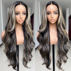 SISgrace 2/27 Ombre Highlight Lace Front Wigs Synthetic Body Wave Wear and Go 13x4x1 T-part Lace 28 Inch Pre-Plucked HD Glueless Ombre Lace Front Wig for Black Women