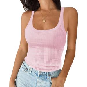 Ivay Womens Scoop Neck Ribbed Knit Tank Top Sleeveless Cotton Wife Beater Camisole Shirts (X-Small, 01# Full Pink)
