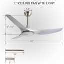 52 Inch Quiet DC Motor Ceiling Fan with Light Remote Control, Indoor 3 Blade Silver Modern Ceiling Fan for Bedroom Living Room Porch