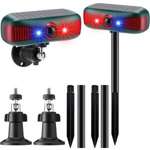 Qualirey 2 Pcs Solar Outdoor Alarm Motion Sensor 129dB Security Siren Ultrasonic Detector Strobe Light, 4 Modes Animal Deterrent Waterproof Alarm for Home, Farm (Red)