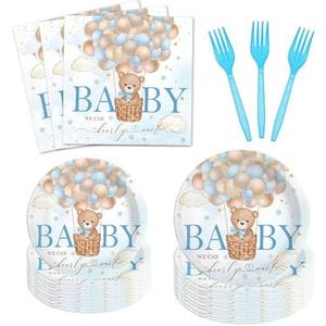 Fitumiw 96Pcs Blue Bear Baby Shower Party Tableware Supplies Bear Plates and Napkins We Can Bearly Wait Party Set Baby Shower Decorations for Boy Serve 24 Guests