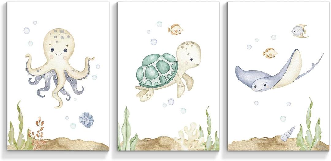 2 x Wodkwq Nursery Wall Art Sea Animal Canvas Prints Baby Girl Boy Room Decor Watercolor Paintings Pictures Cute Ocean Theme Toddler Room Decoration Set of 3 for Kids Bedroom Bathroom 12x16in Unframed
