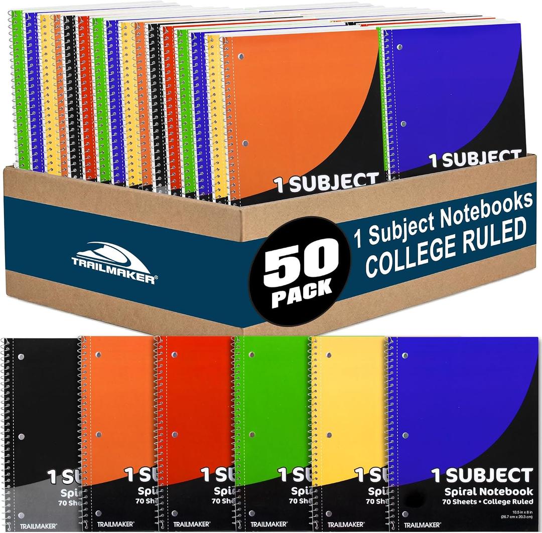 Trail maker Bulk Notebooks (50 Pack), One Subject Notebooks College Ruled, 140 Pages (70 Sheets),Spiral Bulk Notebooks for Kids, School Supplies, Journaling, Note Taking, Students, and Work