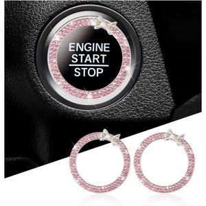 Mandark 2PCS Bling Car Engine Start Button Cover Stickers, Sparkling Rhinstones Ring Emblem, Diamond Shiny Key Ignition Knob Decal, Cute Auto Interior Decoration for Women GirlsPink