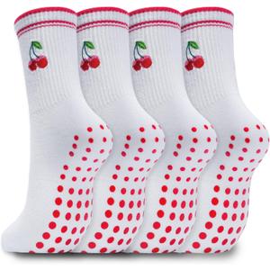 Yoga Socks with Grips for Women Non Slip Cute Pilates Crew Socks for Workout Hospital and House Slipper (White)
