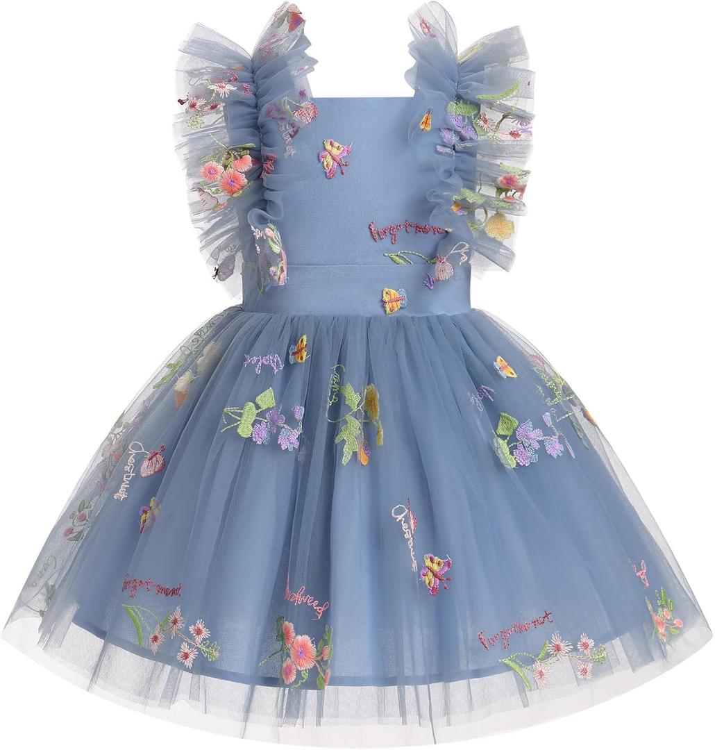 Girls Birthday Party Dress Ruffle Sleeve Sequin Dots Floral Tulle Princess Wedding Pageant Formal Bance Gown (Blue), 130