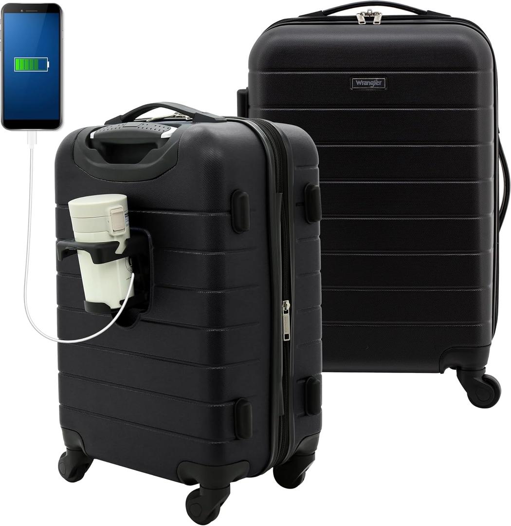 Wrangler Smart Spinner Hardside Luggage, 22-Inch Carry-On, Black, Carry-On Only