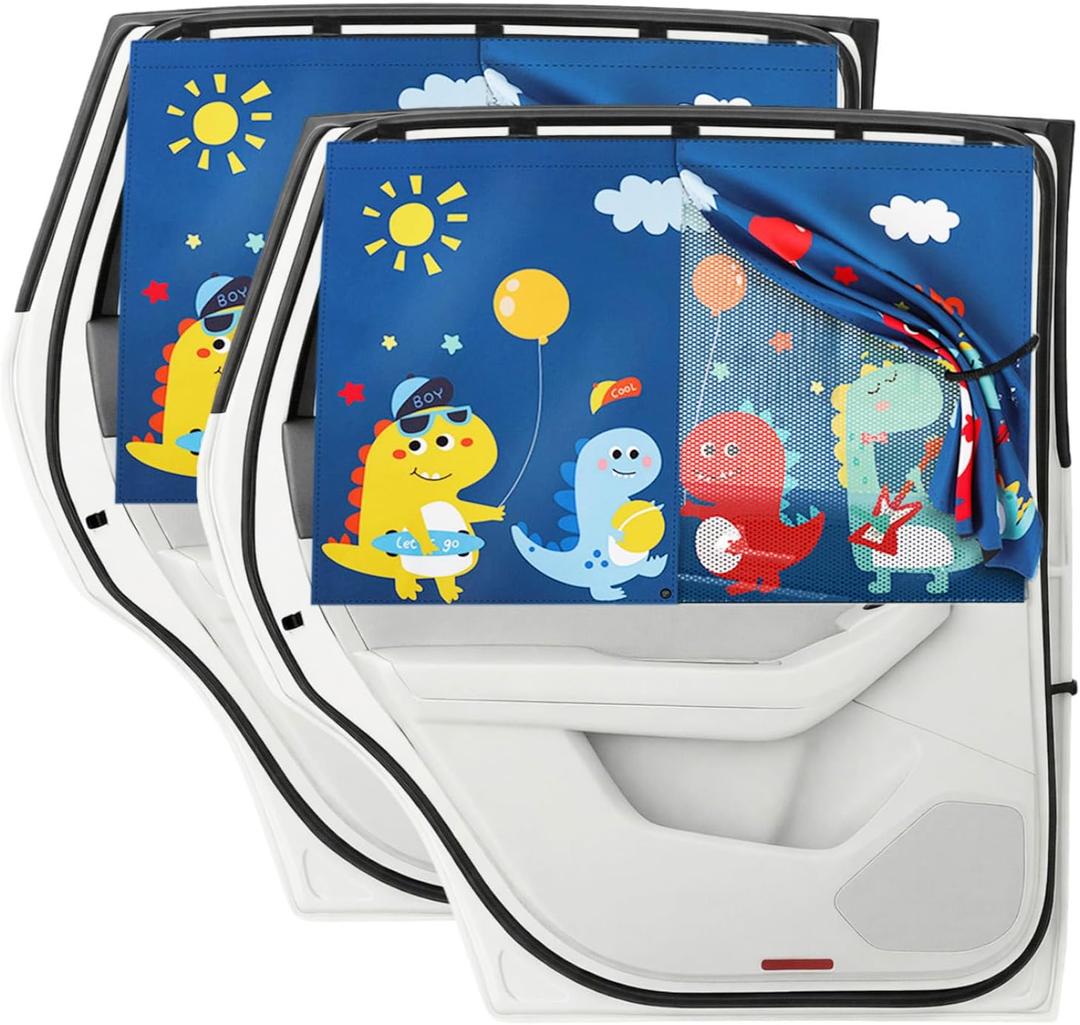 Car Window Shade for Baby, 2 Pack Magnetic Double Layer Cute Dinosaurs Car Sun Shade Side Window, Adjustable Privacy Blackout/See-Through Window Curtains for Baby Kids UV Protection (Blue Rear)