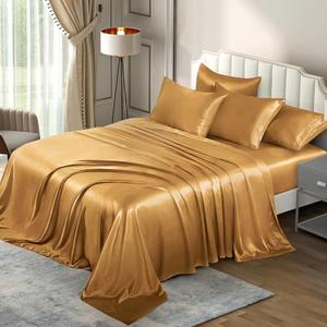 P Pothuiny 6 Pieces King Satin Sheets Luxury Silky Rich Gold Satin Bedding Sheet Set, 1 Deep Pocket Fitted Sheet + 1 Flat Sheet + 4 Pillow Cases