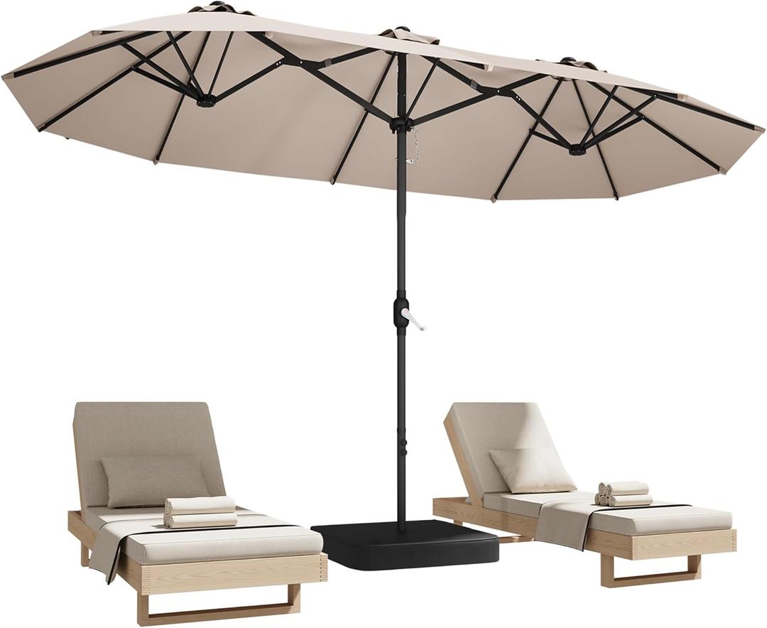 DomeShade 15ft Patio Umbrella with Base,Large Outdoor Double-Sided Rectangle Umbrella with Crank Handle, Market Umbrella for Poolside Garden Deck Backyard Beach Pools, Beige
