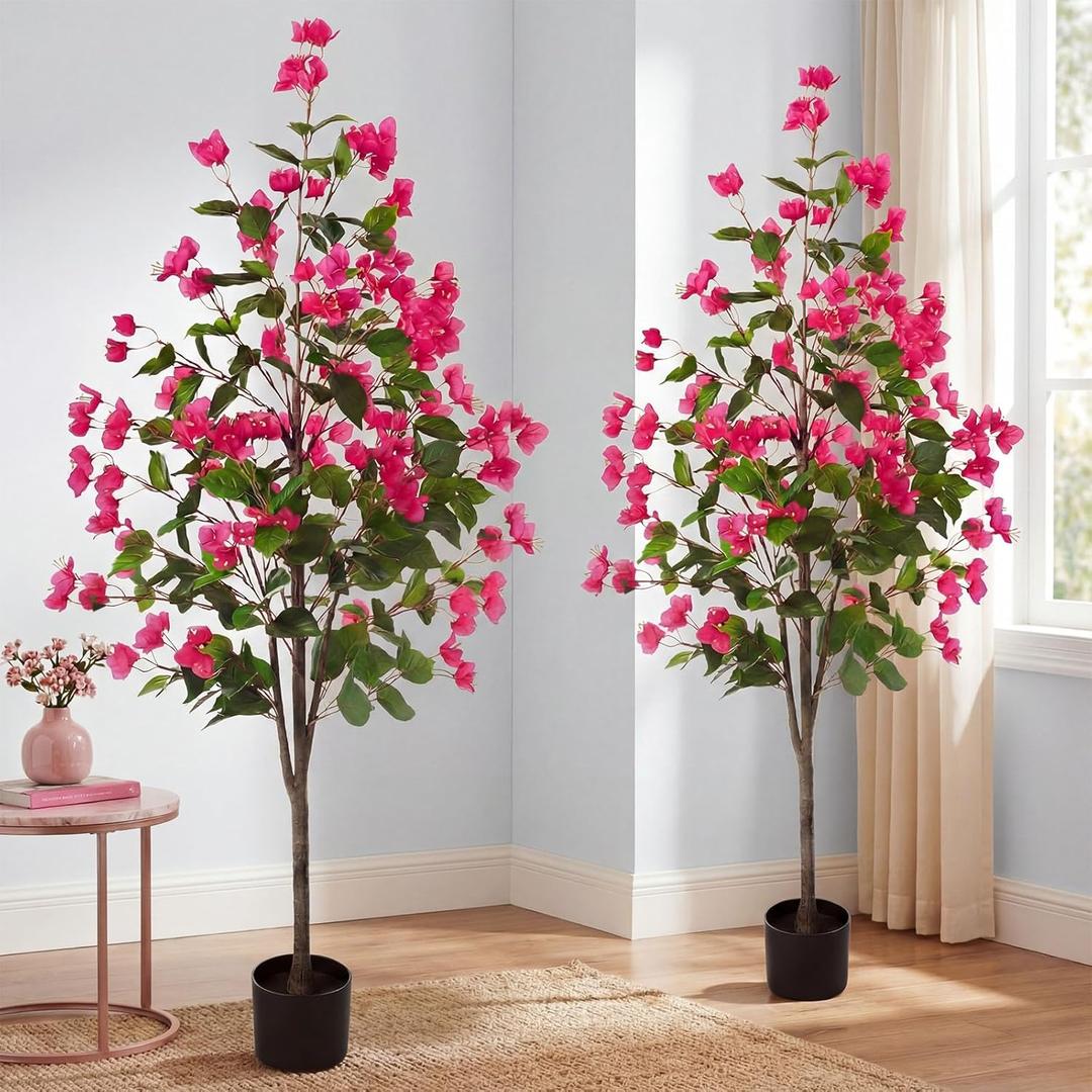Daifunli 2 Pcs 5 FT Artificial Bougainvillea Trees Fake Bougainvillea Flowers Tree in Pot Tall Lifelike Faux Blooming Tree Large Fake Plants for Outdoor Indoor Office Home Garden Decor (Rose Red)