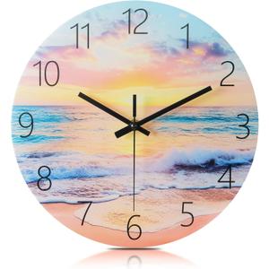10in Glass Wall Clocks for Living Room Decor, Decorative Wall Clocks Battery Operated, Silent Kitchen Clocks, Wall Clock for Bedroom, Bathroom (Beach)