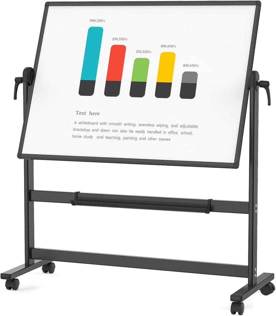 VIZ-PRO Double-Sided Magnetic Mobile Whiteboard, 48 x 36 Inches, Black Aluminium Frame and Stand