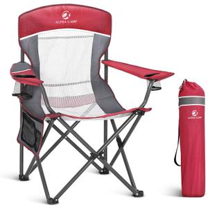 LET'S CAMP Mesh Back Camping Chair Portable Folding Heavy Duty Outdoor Chair Support 330 LBS Durable Large Arm Chair with Cup Holder and Carry Bag for Camp, Fishing, Hiking, Red (1 PC)