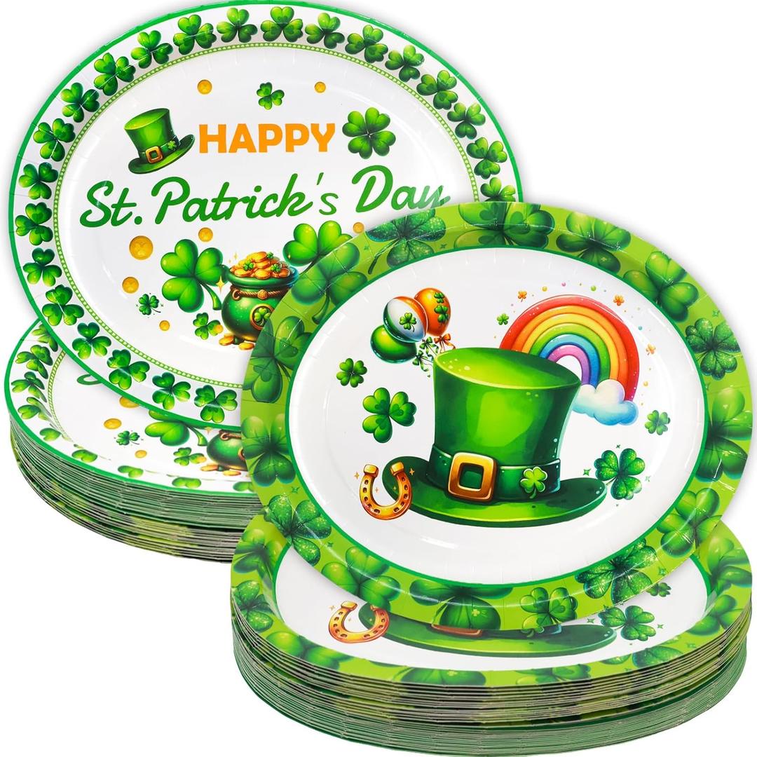 ceiba tree 30pcs St. Patrick's Day Oval Paper Plates Shamrock Green Disposable Plates Tableware Happy St. Patrick's Day Party Dinner Supplies