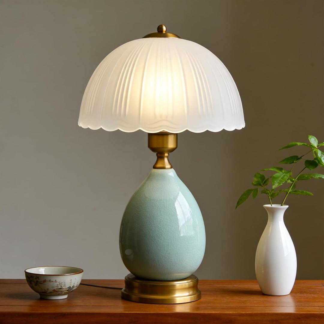 Table Lamps Ceramic Retro Lamp for Living Room,16.73" Modern Bedside Nightstand Traditional Lamps, Classic Chinoiserie Green Glass Lamp for Home (French Country)