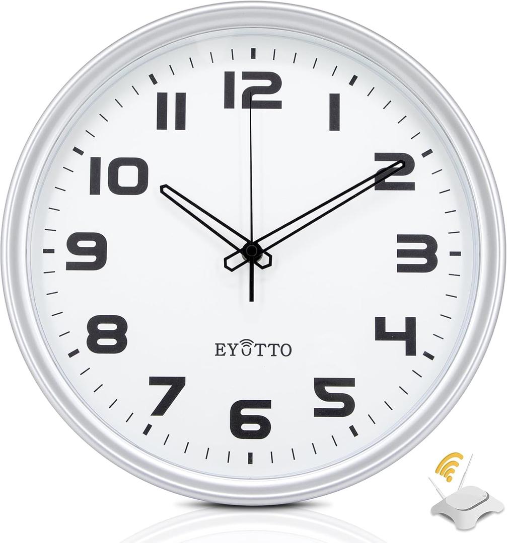 eYotto 12-Inch Smart WiFi Wall Clock, Silent Battery Operated Analog Clock with Automatic Time Sync Non-Ticking Easy to Read Large Display Modern Design for Bedroom Living Room Office Gym