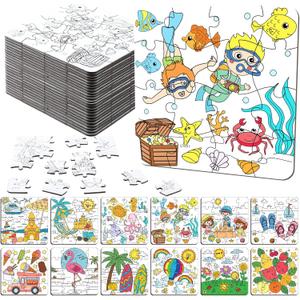 Realspring 24 Pack Color Your Own Jigsaw Puzzles for Kids 3-5, 4-6, 6-8, Coloring Crafts DIY Paper Puzzles Party Favors Gifts for Toddler Children Learning Education Toys(Summer)