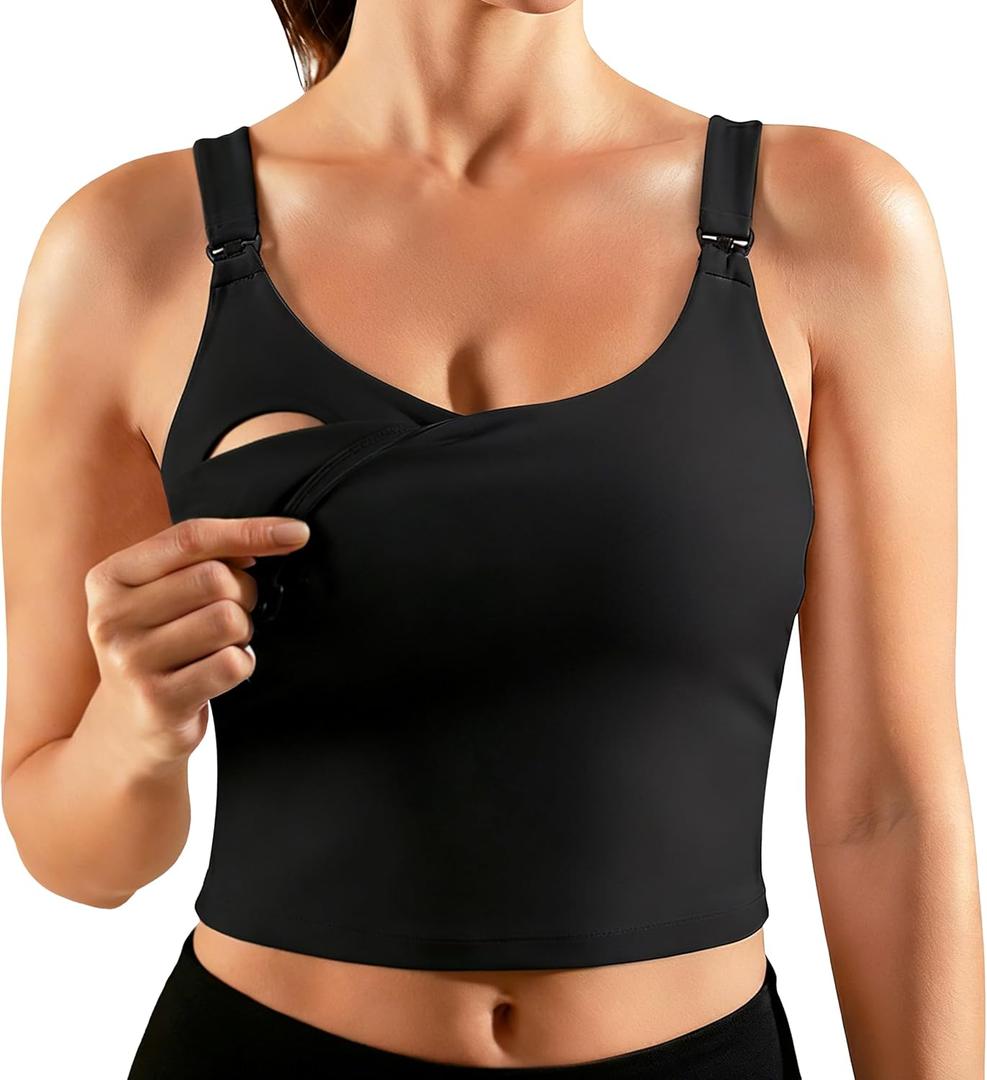 Ecavus Nursing Bras for Breastfeeding Longline Sports Maternity V Neck Buttery Soft Crop Tank Top with Built in Bra (Medium, Black)
