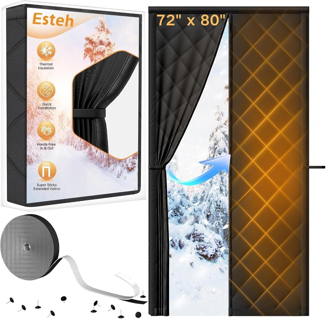 Magnetic Thermal Insulated Door Curtain for Winter Fits Door Size 72" x 80", Temporary Thermal Door Cover for Cold with Thickened Cotton, Window Insulation Kit for Sliding Glass Doorways-Black