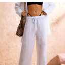 Women's See Through Beach Lounge Pants Lightweight Wide Leg High Waisted Drawstring Linen Breathable Cover Up (White, S)