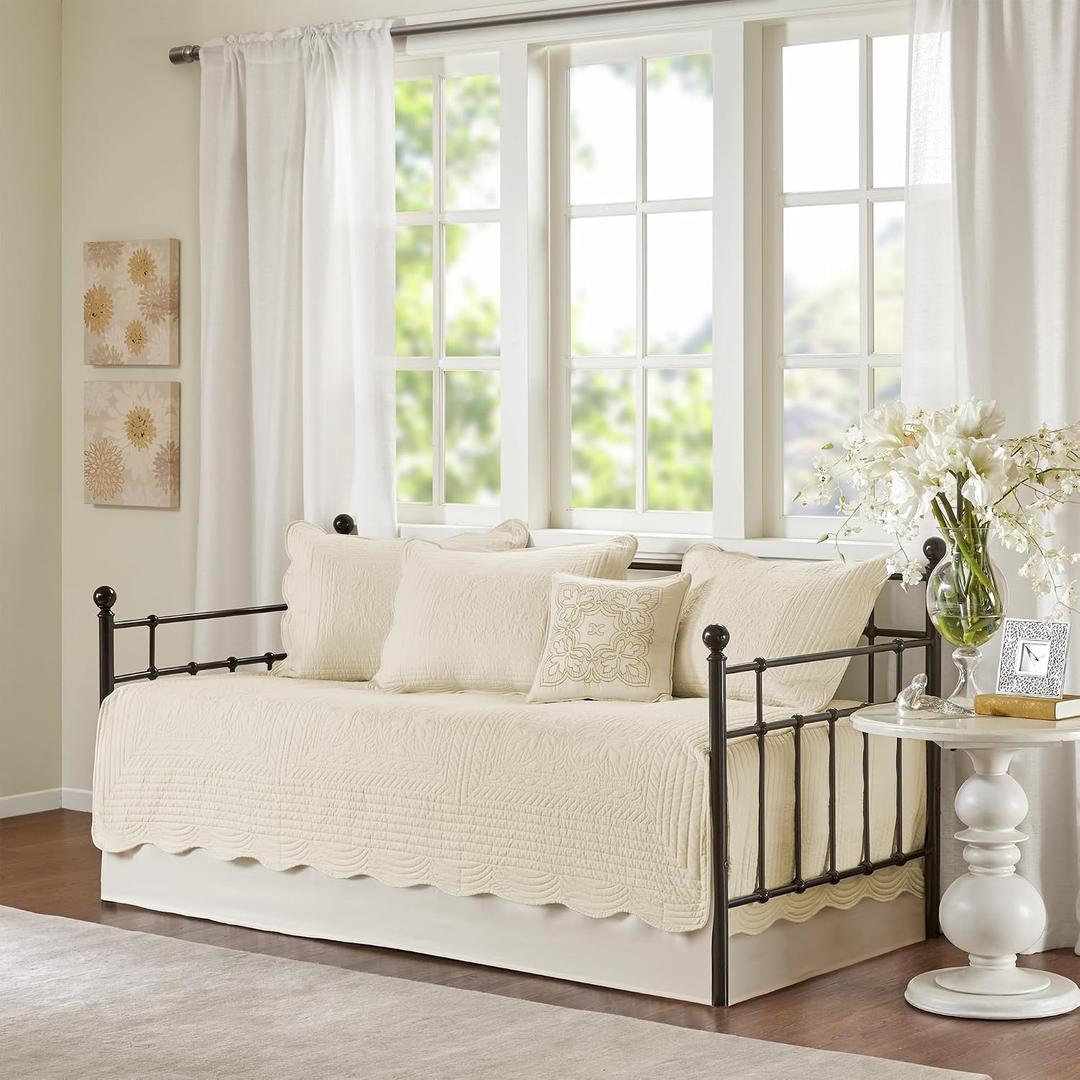 Madison Park Daybed Cover Set Damask Quilted Cover for Daybeds, All Season, Pre-washed Cotton-Filled Coastal Bedding with Scallop Edge, Shams, Bedskirt, Dcor Pillows, Tuscany, Cream, 39"x75", 6 Piece, 75"x39"