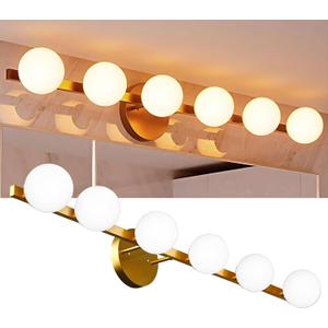 Lightdot 38" 6-Light Modern Bathroom Vanity Light | Matte Gold Straight Frame with White Globe Water/Shatterproof Shades | Dimmable Rust-Proof Lighting for/Bathroom/Livingroom/Mirror/Cabinet-Gold (6L-Gold)