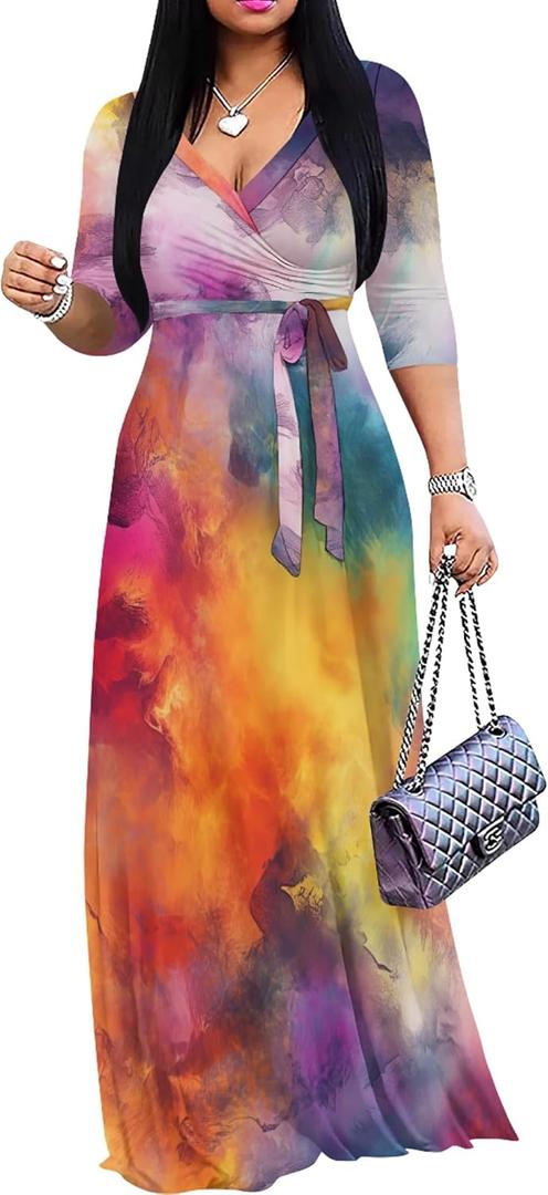 PinkPatty Women's Plus Size Maxi Dress 3/4 Sleeves Casual Flowy Long Dress for Vacation with Pockets (Large, A-tie Dye17)