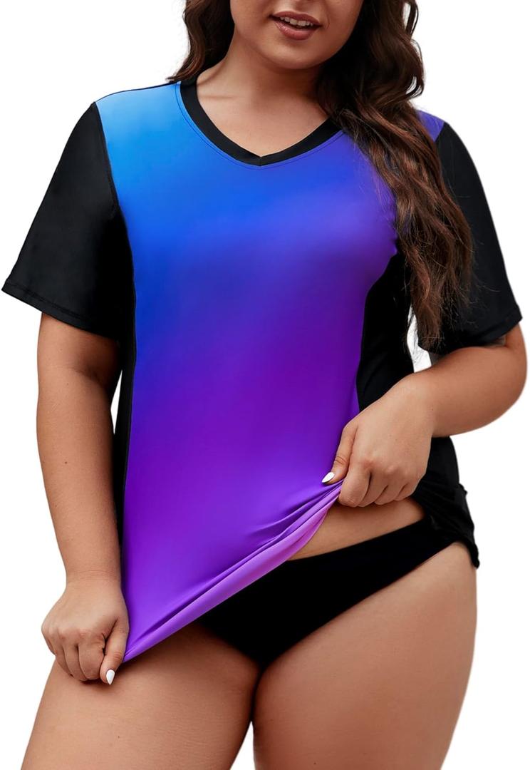 Tournesol Women's Plus Size Rash Guard UV Sun Protection Swim Shirts Short Sleeve Swimwear Swimsuit Tops (2X, Purple Gradient)