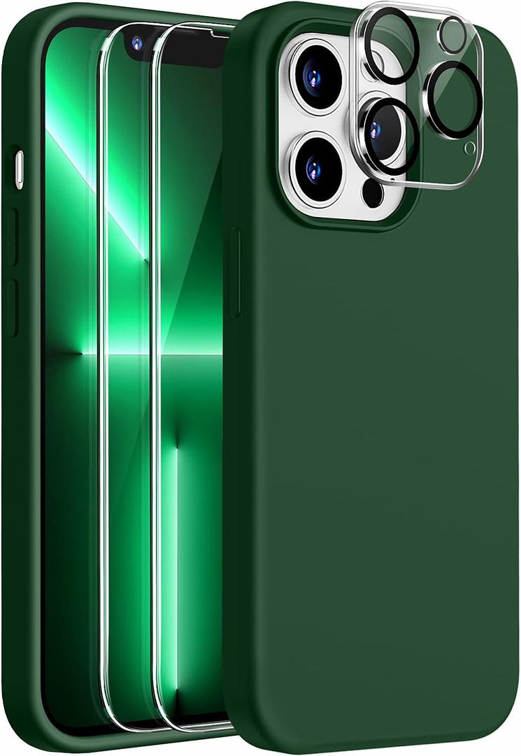 Dssairo [5 in 1 for iPhone 13 Pro Max Case 6.7 inch, with 2 Pack Screen Protector + 2 Pack Camera Lens Protector, Liquid Silicone Ultra Slim Shockproof Protective Phone Case (Alpine Green)