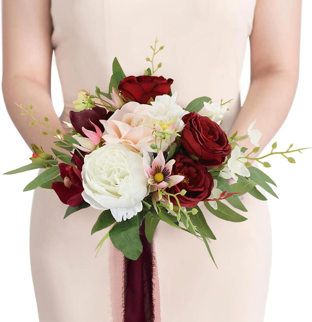 Rinlong 1Pc Fall Wedding Bouquets for Bridesmaids Burgundy Artificial Bridesmaid Bouquet for Wedding Prom (one, 16-burgundy & White)