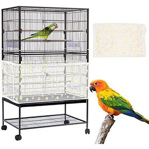 Daoeny Large Bird Cage Cover, Bird Cage Seed Catcher, Adjustable Soft Nylon Mesh Net with Daisy Pattern, Birdcage Cover Skirt Seed Guard for Parrot Parakeet Macaw Round Square Cages (White)