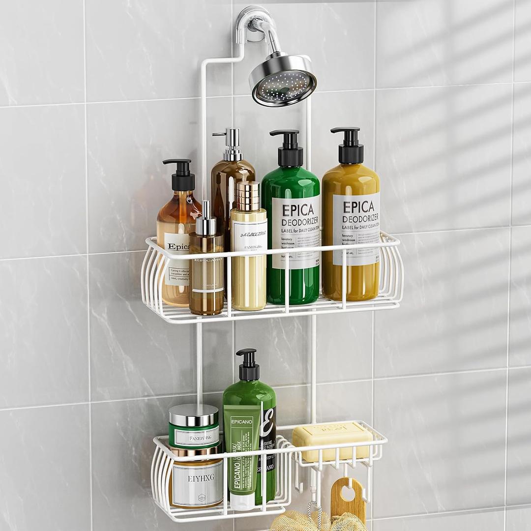 Epicano Shower Caddy Hanging, Anti-Swing Over Head Shower Caddy Rustproof with hooks for Towels, Sponge and more, White