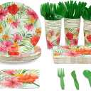 BLUE PANDA 144-Piece Tropical Party Supplies - Hawaiian Dinnerware Set with Plates, Napkins, Hawaiian Cups, and Cutlery (Serves 24)