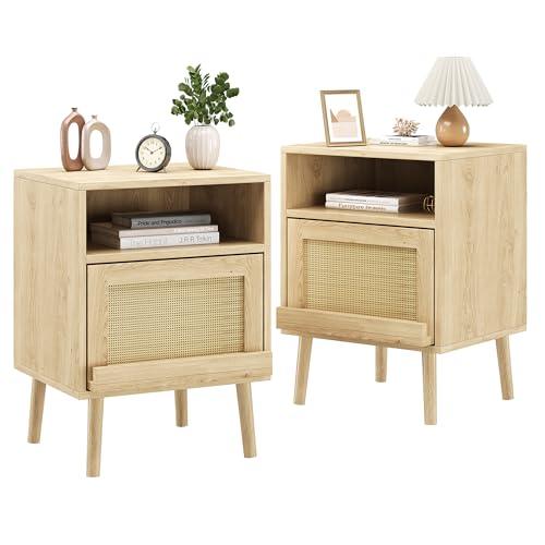 Algglobuy Night Stands for Bedrooms Set of 2, Bed Side Tables Bedroom with Drawer Open Shelf, Rattan Nightstand with Solid Wood Legs for Living Room - Natural