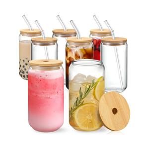 NETANY [ 8pcs Set ] Drinking Glasses with Bamboo Lids and Glass Straw - 16oz Glass Cups, Beer Glasses, Iced Coffee Glasses, Cute Tea Cup, Ideal for Cocktail, Whiskey, Gift - 2 Cleaning Brushes