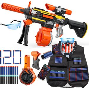 Toy Guns Automatic Machine Gun with Tactical Vest Kit -Toy Sniper Gun Rifle with Bipod - Drum Magazine Clips and 120 Darts -Toys Foam Guns for Boys 8-12 Kids Adults Gifts for Birthday Christmas (Orange)