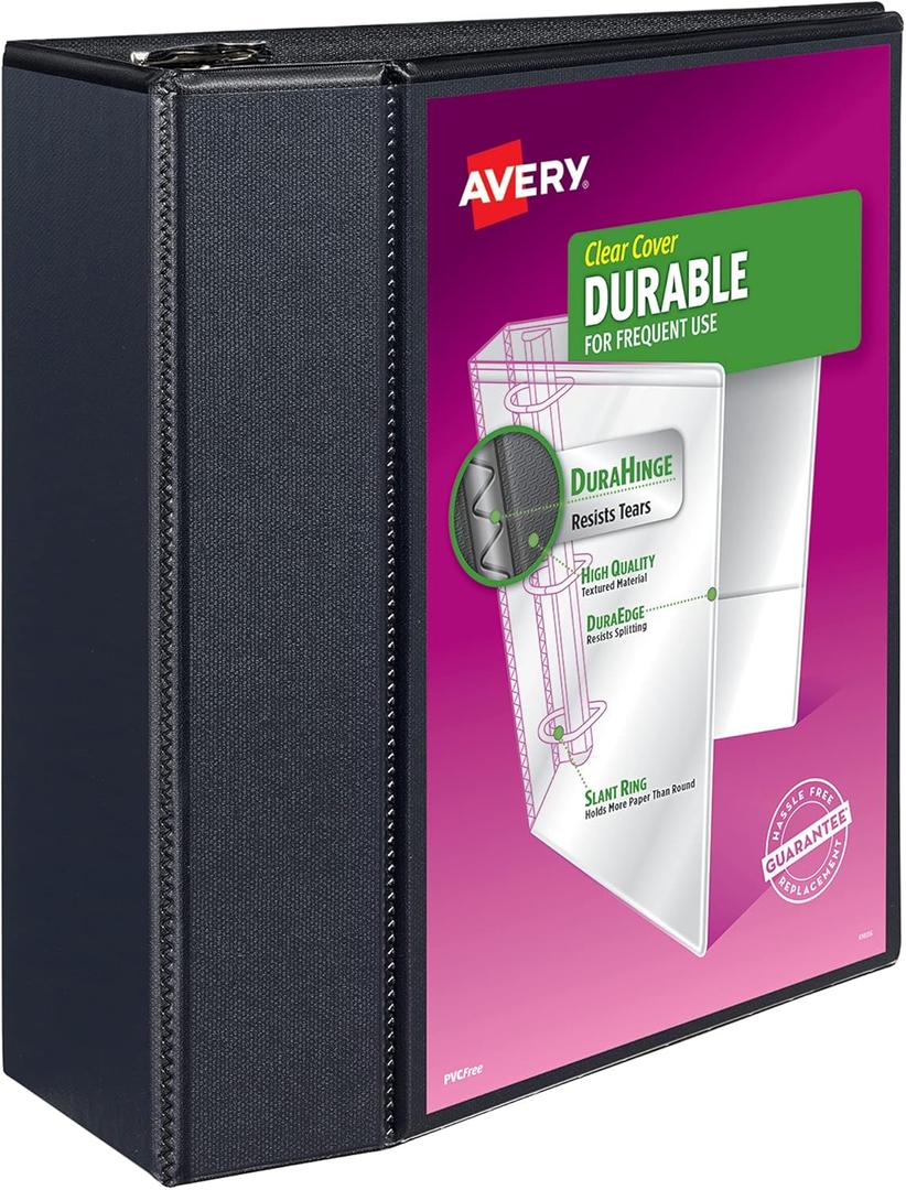 Avery(R) Durable View 3 Ring Binder, 5 Inch EZD Rings, 1 Black Binder (09900)