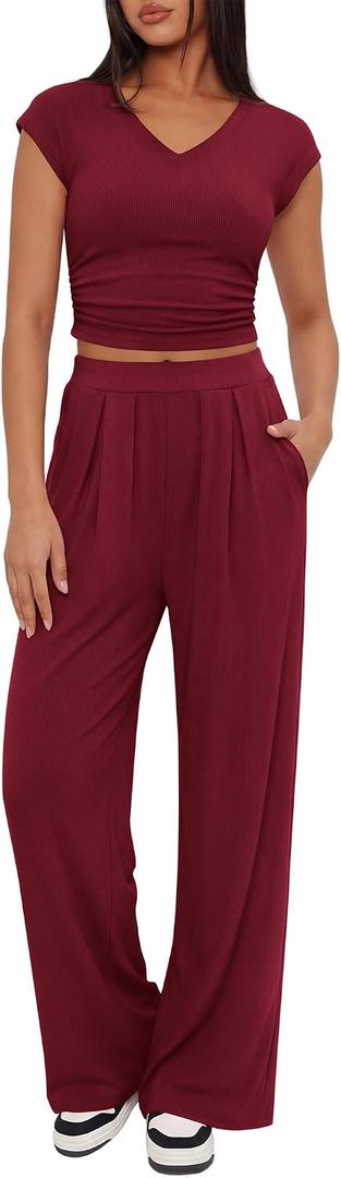 BTFBM Womens 2 Piece Outfits Spring 2026 V Neck Cap Sleeve Ruched Top Wide Leg Pants Sets Rib Knit Lounge Matching Set (Red, XL)