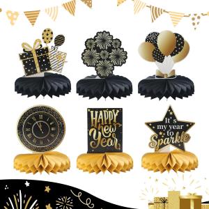6Pcs Hanging Honeycomb Round Paper Fans Decoration Set, Black Gold White Table Centerpieces for New Year Baby Shower Birthday Photo Booth Backdrops Anniversary Paper Party Supplies